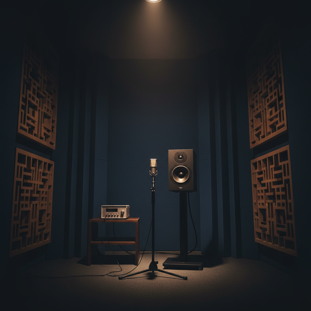 A dark, soundproof listening room with a single, meticulously designed loudspeaker positioned slightly off-center on a slender stand. The speaker has a matte black front baffle, a subtle waveguide around the tweeter, and a finely textured midrange cone. The rear wall is covered in deep blue broadband absorbers, while the sidewalls feature wooden diffusion panels with precise geometrical patterns. A calibrated measurement microphone stands quietly in the sweet spot, its thin cable trailing to a compact analyzer box on a low shelf. A focused pool of warm, dimmable spotlight from above creates a gentle vignette around the speaker, leaving corners in soft shadow. Photographic realism with a cinematic, low-angle composition evokes introspective, critical listening sessions for psychoacoustic research.