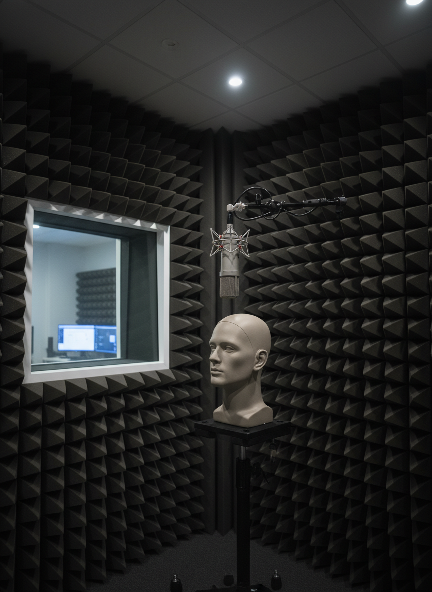 A high-fidelity recording setup in an acoustic testing booth, featuring a single studio-grade condenser microphone suspended in front of a carefully shaped dummy head with lifelike outer ears, all atop a dark acoustic stand. The walls are lined with alternating charcoal and graphite acoustic foam wedges, their textures sharply defined. A small, glass-paneled observation window reveals a blurred control room with glowing monitors. Overhead, diffused ceiling LEDs cast even, neutral light, while a subtle rim of reflection outlines the microphone grille. Photographic realism, shot from a slightly low angle with centered composition, emphasizes technical precision and controlled quiet, creating a professional, contemplative mood for discussions of spatial hearing and sound localization.