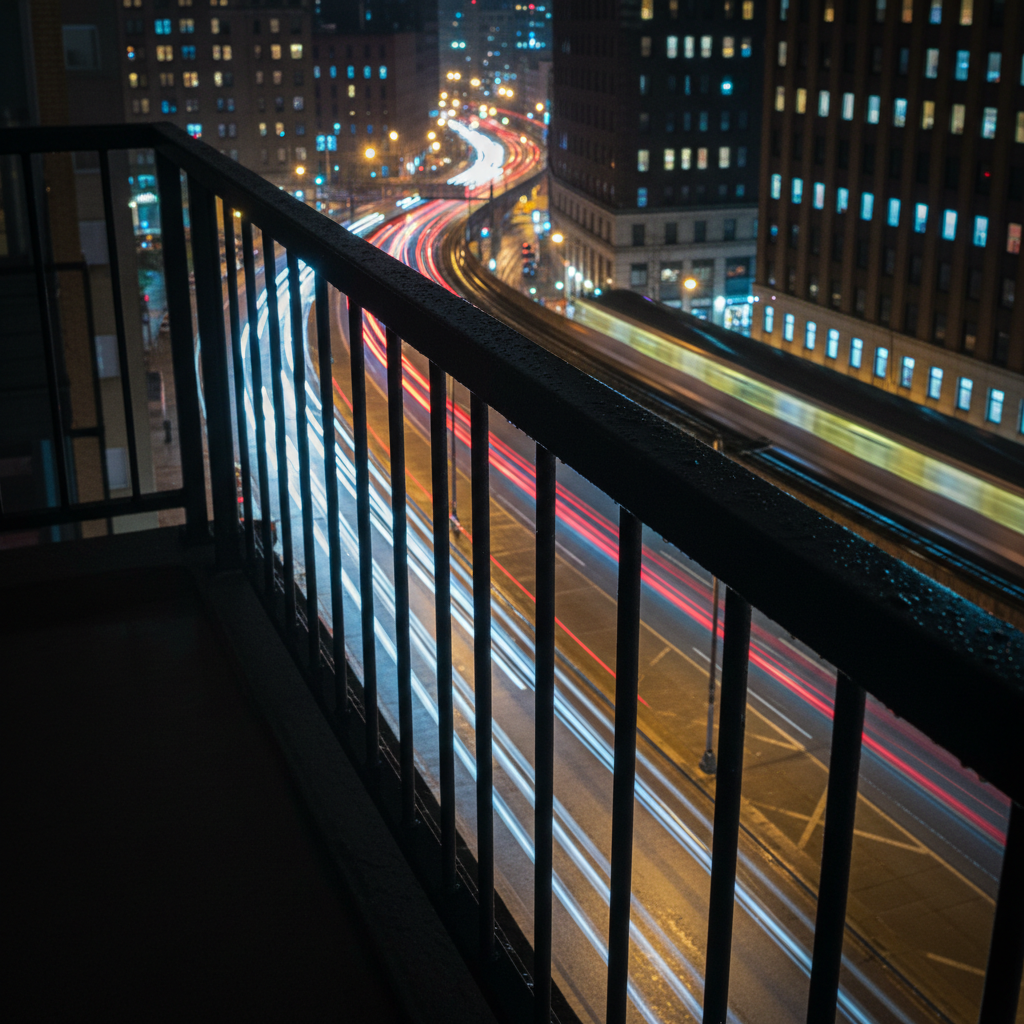 A nighttime urban scene captured from a balcony, focusing on the subtle visual cues of a city soundscape. In the foreground, a solid black railing with tiny droplets from a recent rain is sharply focused, while beyond it a multilane road curves gently, dotted with diffused red and white light trails from passing vehicles. A distant elevated train passes over, slightly blurred, and small illuminated windows punctuate dark building facades. Sodium-vapor streetlights cast warm pools of light, contrasted with cooler blue reflections on wet asphalt. Photographic realism with a shallow depth of field and diagonal composition creates a contemplative, mildly moody atmosphere, illustrating the complex acoustic environment an auditory neuroscientist might analyze in the real world.