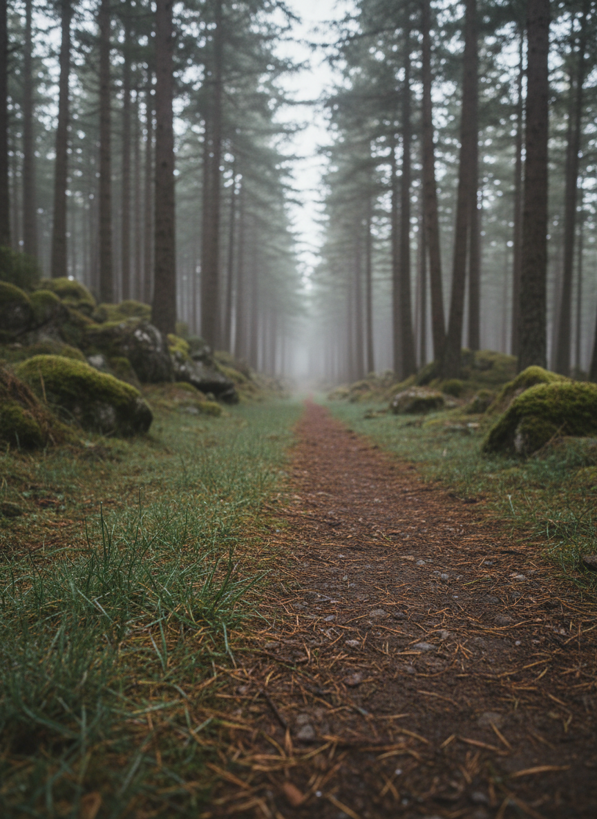 A long, straight forest trail captured from a low, forward-facing perspective, flanked by tall, dense pines and scattered mossy rocks, representing a meditative soundscape walk. The path’s compacted earth shows delicate textures of fallen needles and small pebbles. Tiny dew droplets cling to grass close to the camera. Early morning overcast light diffuses softly through the canopy, eliminating harsh shadows and lending subtle contrast to greens and browns. In the distant background, a hint of mist blurs the far trees, creating depth. Photographic realism with a natural, minimalist aesthetic, shot using the rule of thirds and moderate depth of field, evokes a serene, attentive mood suited to a neuroscientist’s reflections on listening to the natural world.