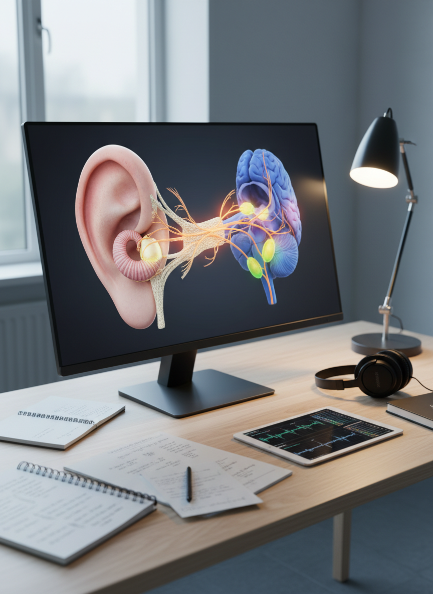 An anatomically accurate 3D model of the human ear and auditory pathway displayed on a sleek, frameless 4K monitor atop a light birch desk. The cochlea, auditory nerve, and brainstem nuclei are vividly rendered in natural, clinical colors, with fine textures on neural tracts and subtle glow highlighting key pathways. Around the monitor lie neatly arranged research notebooks, a tablet with waveform plots, and noise-cancelling lab headphones. Cool, indirect daylight filters in from the left, balanced by soft warm task lighting from a minimalist desk lamp. The scene is photographed in realistic detail with a slightly elevated angle and moderate depth of field, creating a precise yet inviting mood, ideal for explaining auditory neuroscience concepts visually.