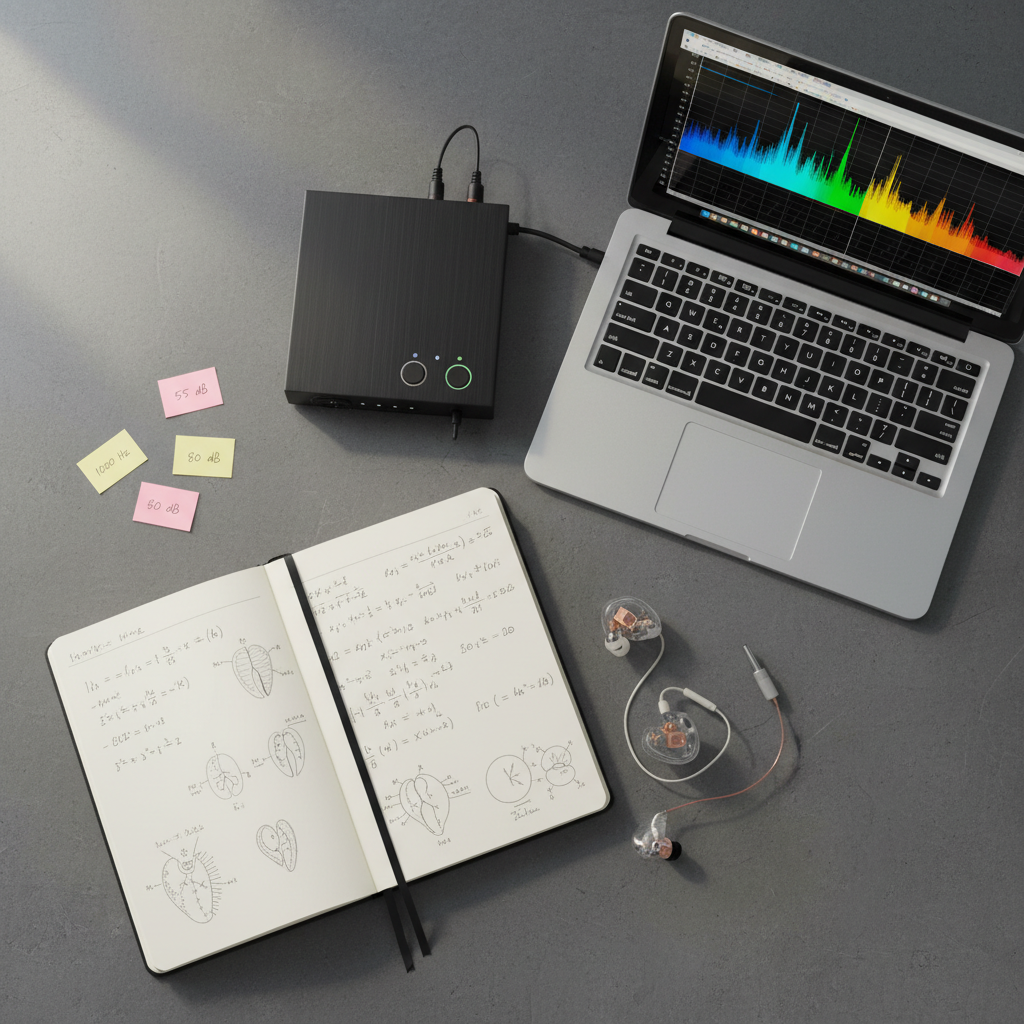 An overhead, documentary-style photograph of a well-organized auditory neuroscience workspace: a slate-gray tabletop with a neatly opened lab notebook filled with clean, handwritten equations and tiny cochlear sketches; a laptop showing a colorful spectrogram; a compact audio interface with glowing status LEDs; and a pair of carefully folded in-ear monitors with transparent housings revealing tiny drivers. A subtle scattering of sticky notes bears small frequency values and decibel levels. Soft, indirect afternoon light from a nearby unseen window creates gentle gradients and minimal shadows, emphasizing clarity and order. Photographic realism with sharp focus throughout and a balanced, top-down composition conveys a thoughtful, methodical atmosphere aligned with professional scientific exploration.