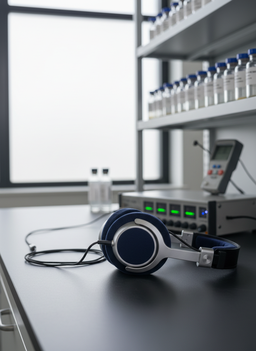 A meticulously detailed close-up of a high-end over-ear neuroscience research headset resting on a matte charcoal lab bench. The headphones have brushed aluminum yokes, deep navy acoustic padding, and a thin braided cable curling toward a partially visible audio interface with tiny illuminated level meters. In the blurred background, shelves of labeled sample vials and a calibrated sound level meter hint at a professional auditory lab. Soft, diffused daylight from a frosted window washes across the scene, creating gentle reflections on metal surfaces and subtle shadows under the headset. Photographic realism with a clean, modern aesthetic, shot at eye level with a shallow depth of field, conveys a calm, focused atmosphere suitable for a professional auditory neuroscience blog header.