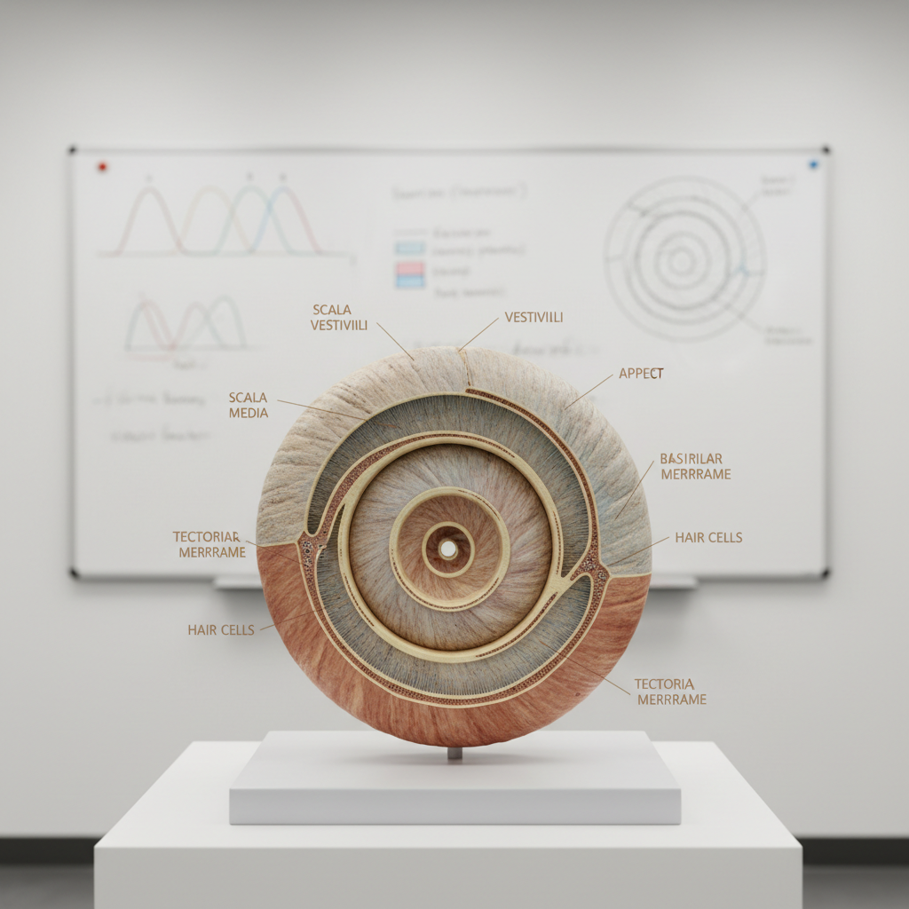 A highly detailed, cross-sectional model of the cochlea rendered as a physical teaching specimen on a matte white plinth in a minimalist lab classroom. The spiral structure is enlarged and textured, with individual hair cells, basilar membrane gradients, and labeled regions painted in restrained, natural tones rather than bright toy colors. Behind it, a softly blurred whiteboard shows faint, hand-drawn tuning curves and frequency maps. Neutral, even ceiling light illuminates the model, casting crisp but gentle shadows that accentuate its three-dimensional form. Shot at eye level with a moderate depth of field and centered composition, the photographic realism and calm, clinical mood make the image ideal for explaining inner-ear mechanics in a professional context.